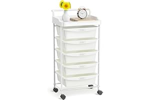 Shrivee Carrito Auxiliar de 5 Cajones con Ruedas y Cajones Estetica Ahorro de Espacio Carro Organizador para Cocina Baño Dormitorio Oficina (Blanco)