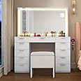 YITAHOME Dressing Table & stool set,Vanity Desk w/ 3-Color LED Lights Mirror,Lights Brightness Adjustable,Transparent Glass Top Vanity Table with 11 Drawers,Power Outlet,Whtie Makeup Desk for Bedroom