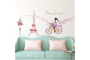 ufengke Adesivi da parete per ragazza, bicicletta, adesivo da parete, fiori torre Eiffel, per camera da letto, bambini, soggiorno, decorazione da parete