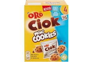 ORO SAIWA Oro Ciok Mini Cookies, Mini Biscotto Cookies Ripieno di Gocce di Cioccolato al Latte, Merenda Semplice e Golosa, Fonte Naturale di Fibre, Senza Coloranti e Conservanti, 160g (4 monoporzioni da 40g)