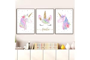YOUIHOM Set di 3 tela con unicorno personalizzato, motivo: Prenom Bebe ragazza, 30 x 40 cm, decorazione da parete