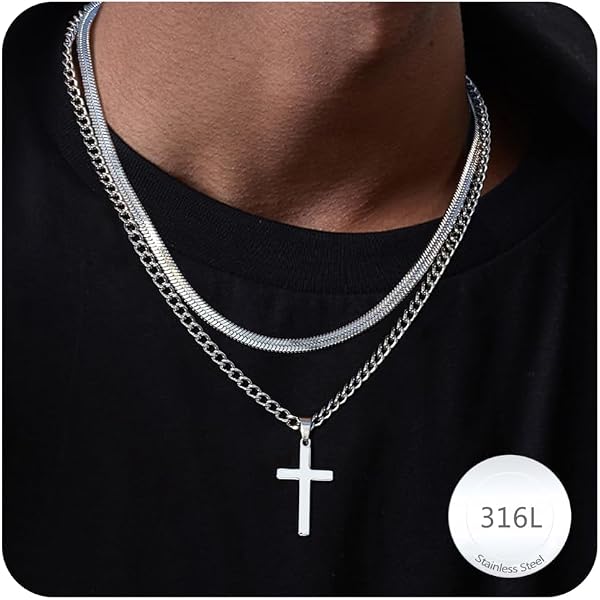 Collana Croce Uomo Donna In Acciaio Inox – Doppia Catena Cubana E Serpente, Nero/Argento, Regalo Unisex - 2