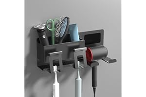 AIRMINTI Porta Asciugacapelli, Mensola di Asciugacapelli da Muro Porta Phon con Scatola di immagazzinaggio e Portacavo, Supporto Asciugacapelli per Camere da Letto Toilette Barbiere per Porta Asciugacapelli