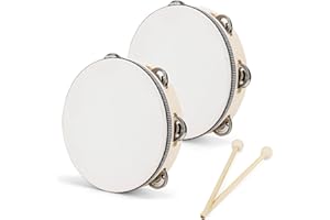 ZYETGH 2PCS Tambourine, 15CM Wooden Tambourine Handheld Tamborine with 2 Percussion Stick Hand Drum with Jingle Bells Musical Instruments for Performance Rhythm Learning