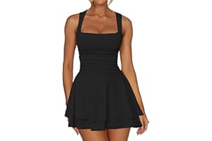 Hanaoops Women's Sexy Mini Dress Square Neck Sleeveless Short Tank Dress High Waist Ruched Bodycon Dresses Slim Fit A Line Swing Party Club Cocktail Dresses