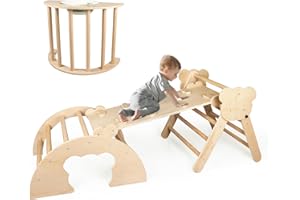 BommJokker 4 in 1 Wooden Pikler Triangle Set Triangle Climber Set Climbing Triangle Montessori Climbing Toys for Toddlers Indoor Playground with Ramp and Arch Climber (Natural)
