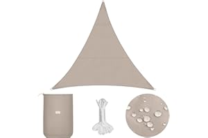 Sekey Sonnensegel Wasserdicht 5x5x5m Dreieckig PES Polyester, Sonnenschutz 95% UV Schutz Windschutz Reißfest Wetterfest, für Balkon Garten, mit Ösen und Befestigungsseile, Taupe