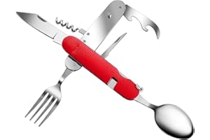 ZIMAIC 6 en 1 de acero inoxidable plegable cubertería de camping juego de cubiertos de viaje al aire libre vajilla desmontable para aplicar en senderismo, viajes, picnic, camping, festival, rojo