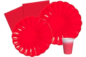 Ciao Kit Vajilla de Fiesta Flower Shape para 8 personas (44 pcs: 8 platos Ø23cm, 8 platos Ø18cm, 8 vasos 250ml, 20 servilletas 33x33cm) de papel compostable eco-friendly, rojo