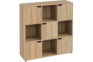 LOLAhome Estantería de Madera, Librería, Estantería Cubo con Puertas y Compartimentos Abiertos, Mueble almacenaje, en Color Natural de 90x29x90 cm para para Estudio,Dormitorio, Salón y Oficina