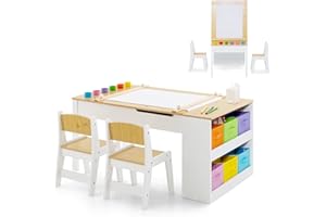 GYMAX 2 in 1 Kids Table and Chairs Set, Wooden Children Art Table with 2 Chairs, 6 Storage Boxes, Paper Roller & Shelves, Toddler Activity Table Set for Drawing (Natural, 6 Cups: 109 x 60 x 53cm)