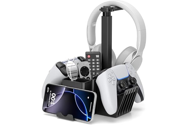 KDD Support Manette Double avec Support Téléphone, Support Casque Gamer Universel avec Boîte de Rangement, Porte Manette PS5 Multifonctionnelle, Organisateur de Bureau pour PS4 Xbox One Noir
