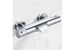 Solepearl Mitigeur Baignoire Thermostatique Bec Cascade, Mitigeur Thermostatique Bain Douche en laiton, avec 2 Sorties d'eau, Bouton Sécurisé à 38°C, Robinet Baignoire Douche Mural, Chromé