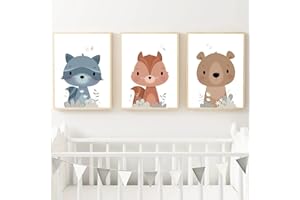 CULASIGN 3er Set Bilder Kinderzimmer, Tiere Kinderposter ohne Rahmen, Poster Babyzimmer Deko, Waldtiere Wandbilder für Kinder Junge Mädchen (DEF,50x70cm)