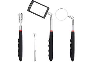 Homgaty 4-Piece Telescopic Magnetic Pickup Tool Set with Pick-Up Rod LED Lights and Square/Round Inspection Mirror, Telescopic Handle 360° Rotatable for Extra Observation