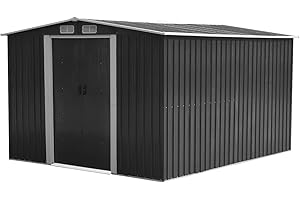 COZYBRITE Garden Storage Shed Metal 8 x 10 FT Outdoor Box with Base 4 Vents Lockable Sliding Doors Sloped Apex Roof for Patio Backyard Bike Tool All-Weather (Grey)