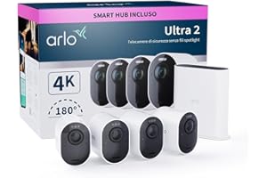 Arlo Ultra 2 Telecamera WiFi Esterno Senza Fili, Telecamera WiFi Interno, 4K UHD, Sirena Allarme Casa, Sensore Di Movimento, Audio Bidirezionale, Prova Arlo Secure Inclusa, 4 Telecamere, Bianche