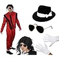 Adults King of Pop Costume - Red Jacket and Trousers, Black Wet-Look Wig, Black Fedora Hat, White Gloves, Black Sunglasses - Adults Halloween Fancy Dress Costume