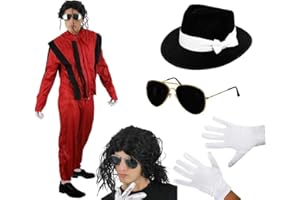 I LOVE FANCY DRESS Adults King of Pop Costume - Red Jacket and Trousers, Wet-Look Wig, Black Fedora Hat, White Gloves, Sunglasses - Adult Halloween Fancy Dress Costume