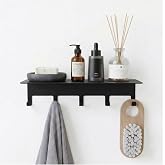 Orret Home Yapışkanlı Metal Banyo Rafı 5 Kancalı Duvar Rafı Organizer Dekoratif Raf Siyah Paslanmaz Duvar Rafı Havluluk Askıl