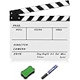 Flexzion Director Clapboard Film Movie Clapper Board Acrylic Plastic Dry Erase Stadio Camera TV Video Cut Action Scene Slate Board 10x12 with Black/White Sticks