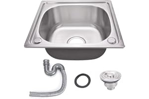 Queiting Square Kitchen Sink Single Bowl Stainless Steel with Strainer & Drainer Waste Plumbing Pipes Undermount Drop-in Installation Inset 345 * 290 mm 13.5 * 11.4 Inch