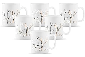 La Opala Diva, Opal Glass Coffee Mug Set Cylinder Medium 6 pcs, Golden Fall, White,Standard