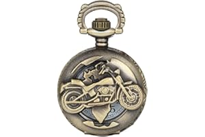 JewelryWe Montre de Poche Quartz Ronde Motif Moto Cool Motard Pendentif Collier Alliage Fantaisie pour Homme et Femme Couleur Cuivre avec Sac Cadeau