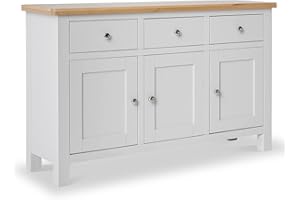 RoselandFurniture Farrow Grey Sideboard for Living Room Large Storage Cabinet with Oak Top | Fully Assembled Painted 3 Door Solid Wooden Cupboard with 3 Drawers for Hallway or Dining Room