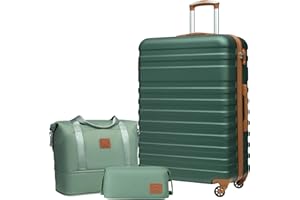 COOLIFE Suitcase Trolley Carry On Hand Cabin Luggage Hard Shell Travel Bag Lightweight with TSA Lock,The Suitcase Included 1pcs Travel Bag and 1pcs Toiletry Bag (Dark green/Brown, 28 Inch Luggage Set)