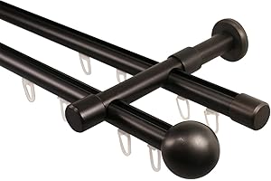 iso-design Innenlauf Gardinenstangen 2-läufig schwarz 20 mm Durchmesser, Wandmontage, Gardinenstangenkomplettset aus Metall mit Wandhaltern und Endstück Kugel, 280 cm (2 x 140 cm)