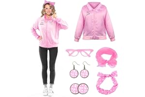 KITIMI Pink Ladies Jacket Fancy Dress for Ladies - Grease Costume for Adults - 1950s Accessories with Pink Glasses, Headband, Silk Scarf, Earrings