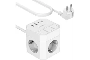 JSVER Cubo Enchufe con 3 Tomas y 4 Puertos de USB, 7 en 1 Cubo Regleta con Interruptor Individual Enchufe Alargador Multiple con 2 USB A& 2 USB C,Cable 2m-Blanco