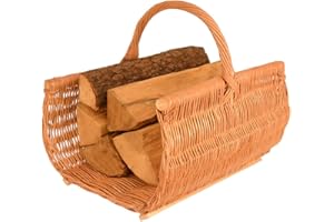 Aqbau® Panier à bois XXL 60 x 44 cm en osier avec lattes en bois – Support à bois de cheminée stable – Panier fait main pour bois de feu, rangement ou décoration, paniers en bois, panier à bois