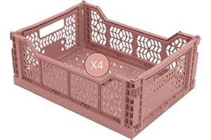 Box and beyond - Lot de 4 Caisses de Rangement pliables - 40 x 30 x 15 cm - Plastique Brun Rosé - Pliables - Avec Poignées - Rangement - Cuisine, Bureau, Chambre, Salon - Style Simple et Pratique