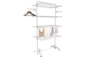 Todeco - Etendoir à Linge, Etendage à Linge - Matériau: Tubes en acier inoxydable - Charge maximale: 3 kg par barre de support - 4 étagères, Blanc, avec ailes et barre supérieure