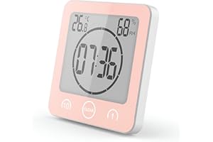 VORRINC Reloj de Baño, Despertador Digital, Temperatura Humedad Reloj Digital Reloj Temporizador, Alarma Impermeable Temporizador de Cuenta Regresiva, LCD Control Táctil, para Baño de Cocina (Rosa)