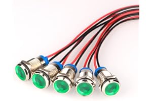 Gebildet 5pcs 10mm AC/DC 12-24V LED Luz Indicadora de Metal Impermeable láMpara de Señal Piloto Tablero Direccional con Cable(Verde)