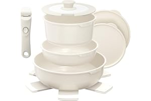 YASHE Batterie de Cuisine 9 Pièces, Set de Casseroles et Poêles Antiadhésives, Compatible Tous Feux dont Induction, Poignées Amovibles, Passe au Four, Design Empilable et Gain de Place, Blanc