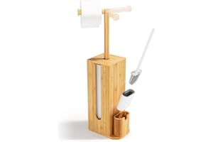 Rainsworth Stojak na papier toaletowy stojący ze szczotką toaletową – zestaw do WC 3 w 1 z bambusa z uchwytem na papier toaletowy i przechowywaniem, uchwyt na papier toaletowy ze szczotką, wys. x