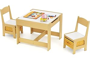 COSTWAY Kids Table Chair Set, Double Side Tabletop Table and 2Pcs Chairs with Storage Box, Activity Desk Nursery Wooden Multifunction Furniture (Natural+Yellow)