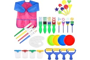 YZNlife 30 Pcs Kids Painting Brushes Sponge kits with Paint Bowls, Sponge Foam Brushes and Waterproof Apron for Children Doodle, Sharing Paints,Early Learning DIY Art Craft