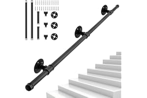 OUUTMEE 2M Main Courante pour Escalier, Rampe d'Escalier Murale en Tube Industriel, Main Courante en Fer pour Escaliers Intérieurs et Extérieurs Loft Porche, Capacité de Charge 150KG (Noir)