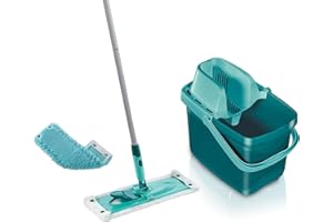 Leifheit Set Combi Clean M, seau et balai essoreur faciles d'utilisation avec housses micro duo & static plus, balai serpillière avec mécanisme d'essorage intégré, kit de lavage sol vert turquoise