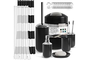 CLARA CLARK Bathroom Accessories Set, 9 Piece Plastic Gift Set, Shower Curtain Set with Liner and 12 Hooks, Soap Dispenser & Dish, Toothbrush Holder with Cup, Toilet Bowl Brush and Holder, Trash can (Black)