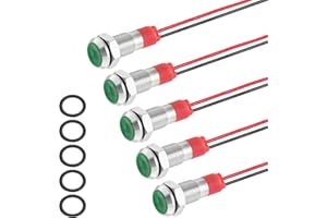 PATIKIL 5Pcs 6mm(1/4") Indicator Light,12V-24V AC/DC 20mA LED Metal Signal Lamp Waterproof IP67 Flat Head Signal Lights with 150mm(5.9") Cable for Boat Car,Green