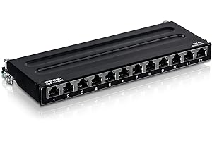 TRENDnet 12-Port Cat6A Shielded Patch Panel, 10G Ready, Cat5e,Cat6,Cat6A Compatible, Metal Housing, Color-Coded Labeling for T568A and T568B Wiring, Cable Management, Wall Mountable, Black,TC-P12C6AS