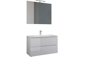 MaMa Store Atena Mobile sospeso con lavabo, specchio e lampada LED, Laminato, Laccato Bianco Lucido, L. 81 X P. 47 X H. 53 CM