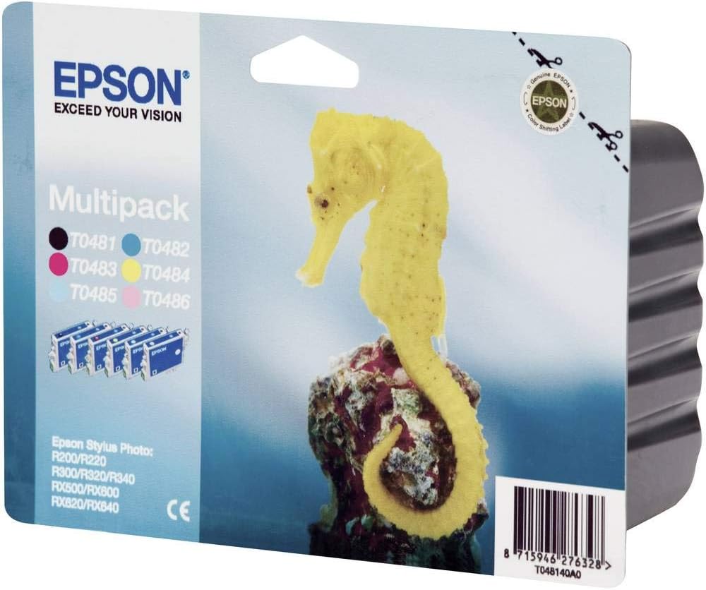 Epson Original T0487, Black, Cyan, Magenta, Yellow, Light Cyan, Light Magenta, Pack of Six, Genuine