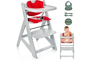 P PARVULÍ PARVULI Trona Bebe Madera con Cojín, Vajilla de Silicona y Babero - Trona Evolutiva Bebe de 6 meses a 12 años - Silla para Comer Bebe con Bandeja - Tronas de Bebe para Mesa, Comedor de 80x58x48cm